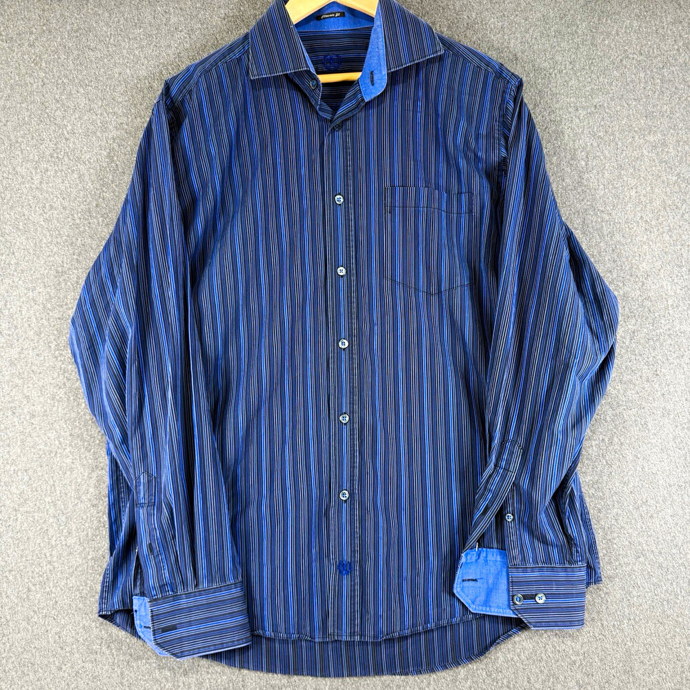 Bugatchi Uomo Mens M Blue Striped Classic Fit Long Sleeve Button Up Dress Shirt